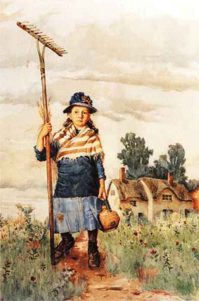 Emily wears an old, trimmed hat, a shawl, short smock or jumper and a soiled skirt.  She has overlarge boots.  She stands on a rough field path in front of two thatched cottages and two trees, probably poplars.